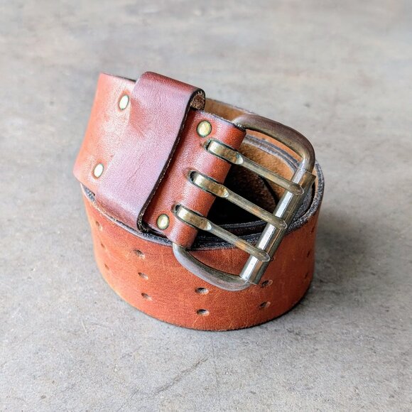 Vintage Brown Leather Three Hole Prong Buckle Wide Belt unisex - Picture 10 of 10